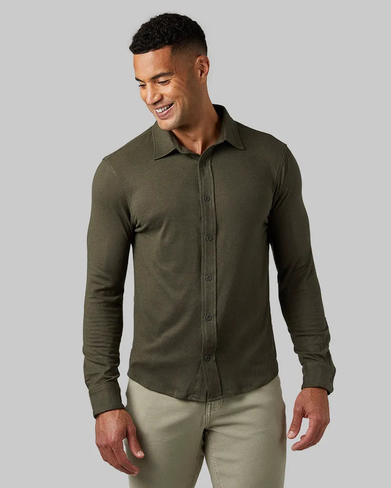 Men's Soft Stretch Knit Long Sleeve Button-Up